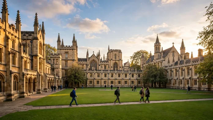 Historic UK university courtyard with gothic spires at golden hour, students walking across the lawn